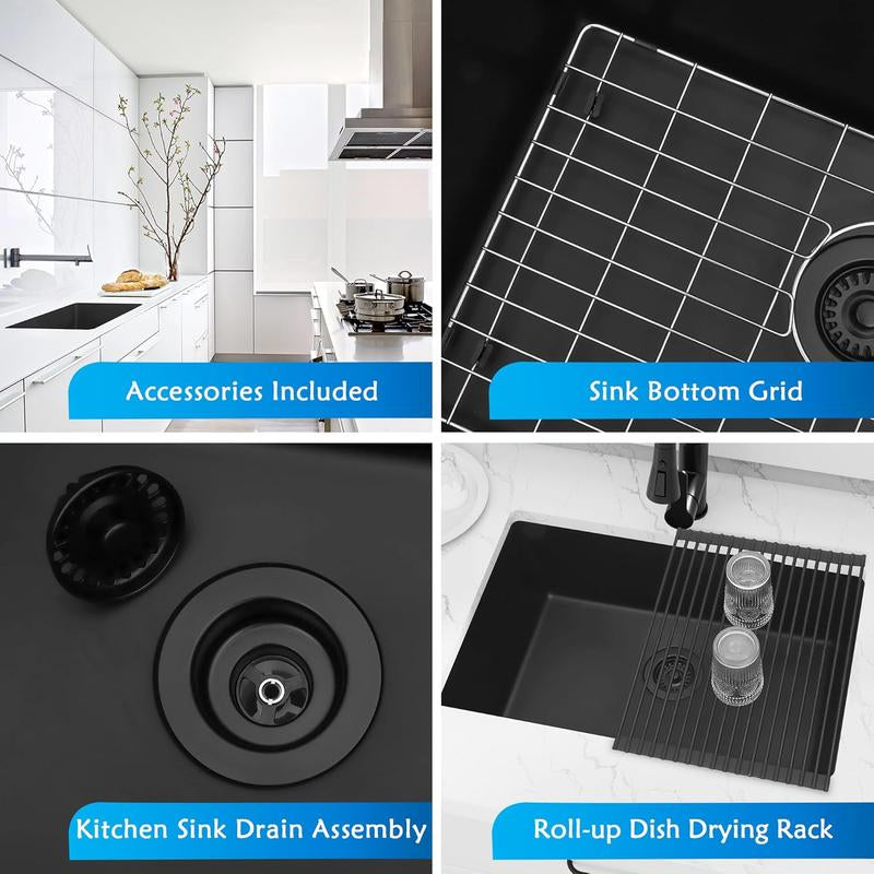 LQS 28''X 18''Single Bowl Undermount Kitchen Sink with Accessories,Black Limestone Sink,Deep Sink for Workstation,Rv,Prep Kitchen and Bar Sink