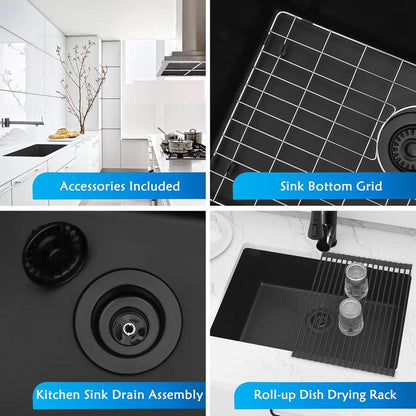 LQS 28''X 18''Single Bowl Undermount Kitchen Sink with Accessories,Black Limestone Sink,Deep Sink for Workstation,Rv,Prep Kitchen and Bar Sink