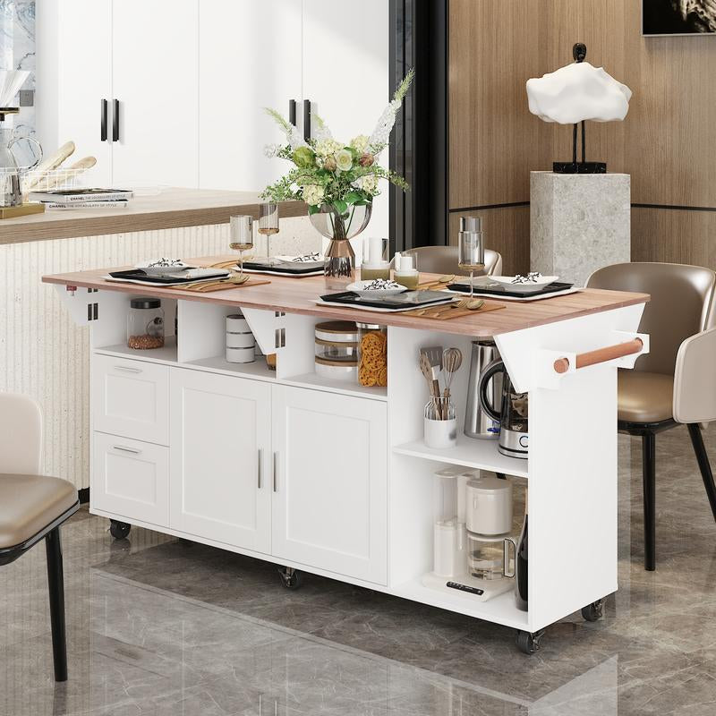 FUFU&GAGA Kitchen Island with Storage, Rolling Kitchen Island on Wheels with Drop-Leaf Bar Countertop, Island Table for Kitchen with Side Open Spice Rack and Tower Rack, Extra Storage for Kitchen