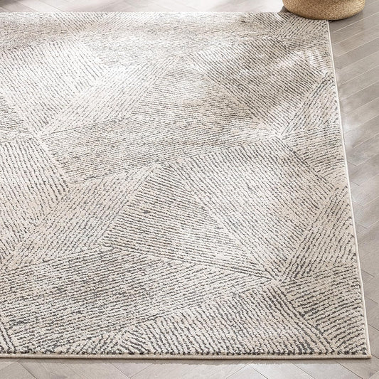 Ezio Beige Tribal Geometric Distressed High-Lo Pile Area Rug 5X7 (5'3" X 7'3")
