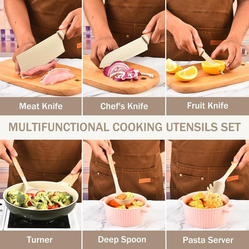 10 Pieces Silicone Cooking Utensils Set with Knife Block Set, Include 4Pcs Utensils Spatulas & 5Pcs Sharp Stainless Steel Chef Knife, Khaki