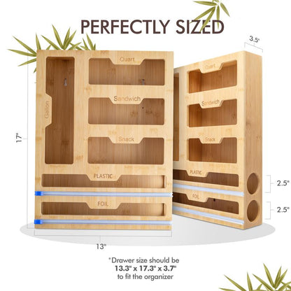 Bamboo Plastic Bag Organizer for Kitchen Drawer - Resealable Bag & Foil Wrap Holder - Pantry Storage Solution - 17” X 13” X 3.5” - Eco-Friendly Kitchen Cabinet Organizer