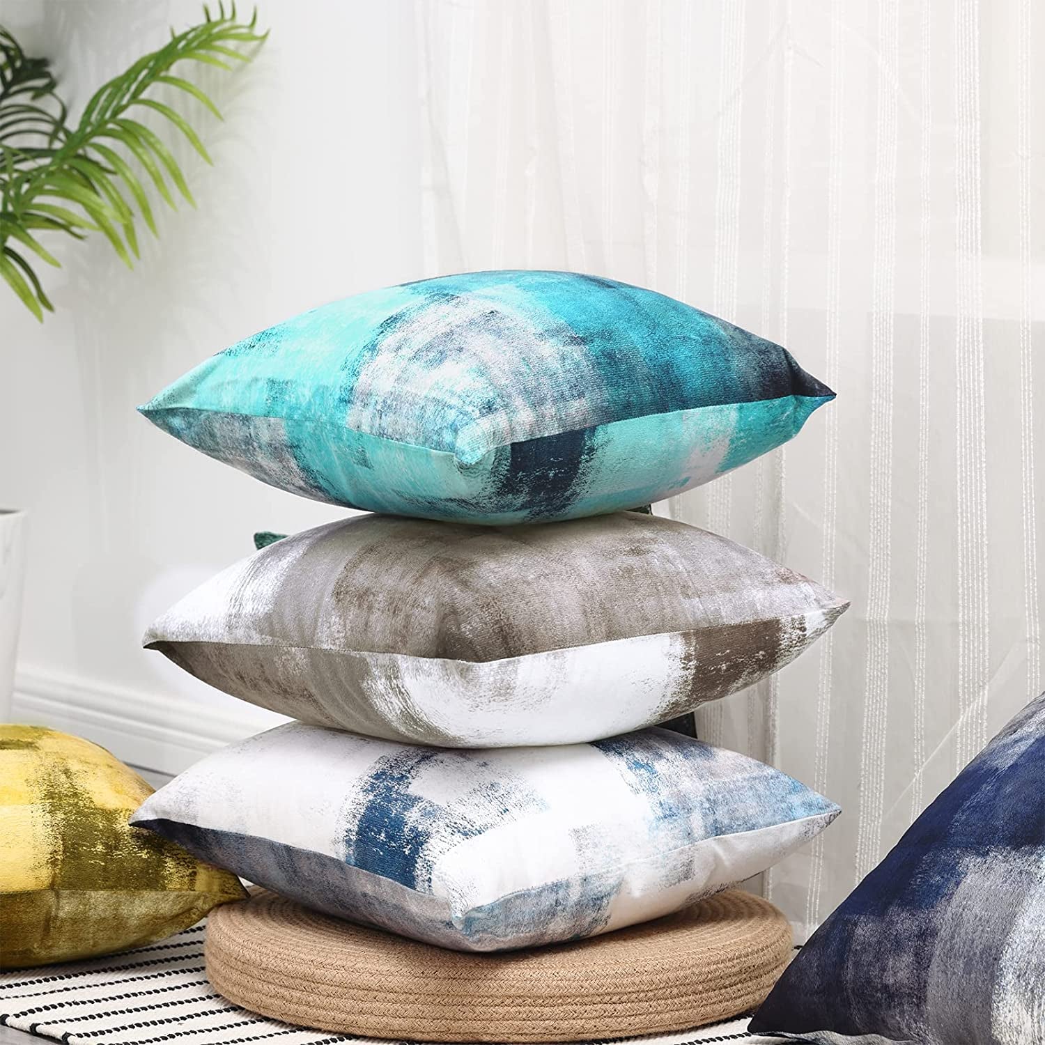 Set of 2 Grey Throw Pillow Covers Blue and Grey Art Decorative Cushion Cover for Home Bedroom Sofa Living Room 16X16 Inches