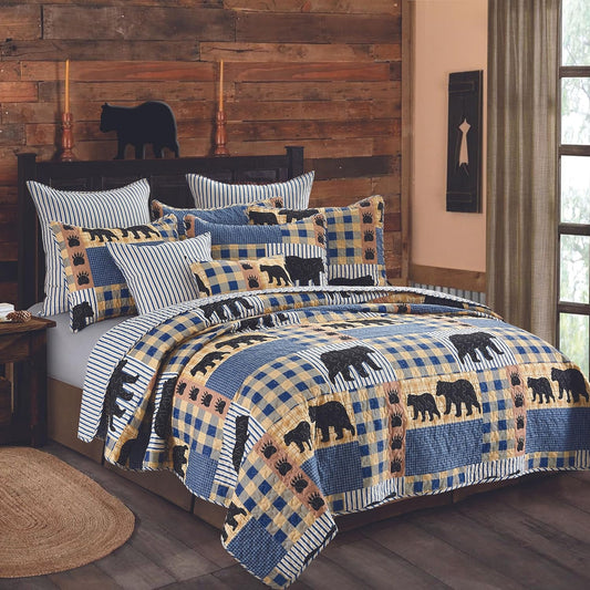 3 Piece King Lodge Quilt Bedding Set - Black Bear Plaid - Rustic Cabin Country Reversible Camping Comforter Set with Decorative Pillow Shams, Blue/Black
