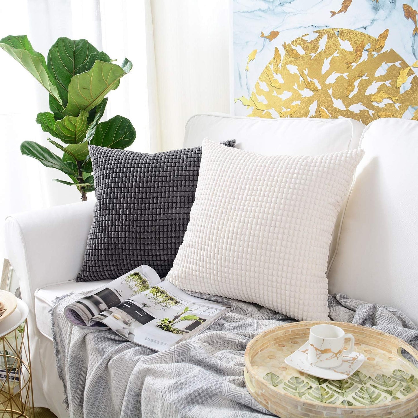 Pack of 2, Corduroy Soft Decorative Square Throw Pillow Cover Cushion Covers Pillowcase, Home Decor Decorations for Sofa Couch Bed Chair 16X16 Inch/40X40 Cm (Granules Cream White)