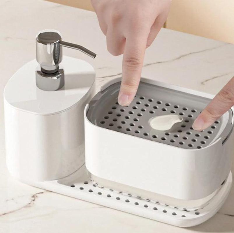 Kitchen Soap Dispenser Set, Soap Dispenser for Kitchen Sink, Dish Soap Dispenser with Sponge Holder, Tray, 3-In-1 Organizer for Kitchen Sink Countertop, Kitchen Gadgets