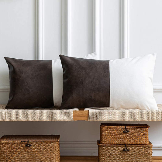 Leather Throw Pillow Covers, Set of 2 Modern Leather/Cotton Decorative Pillowcases for Home Decor Bedroom Living Room Couch Bed Sofa, 12X20 Inch, Dark-Brown and White