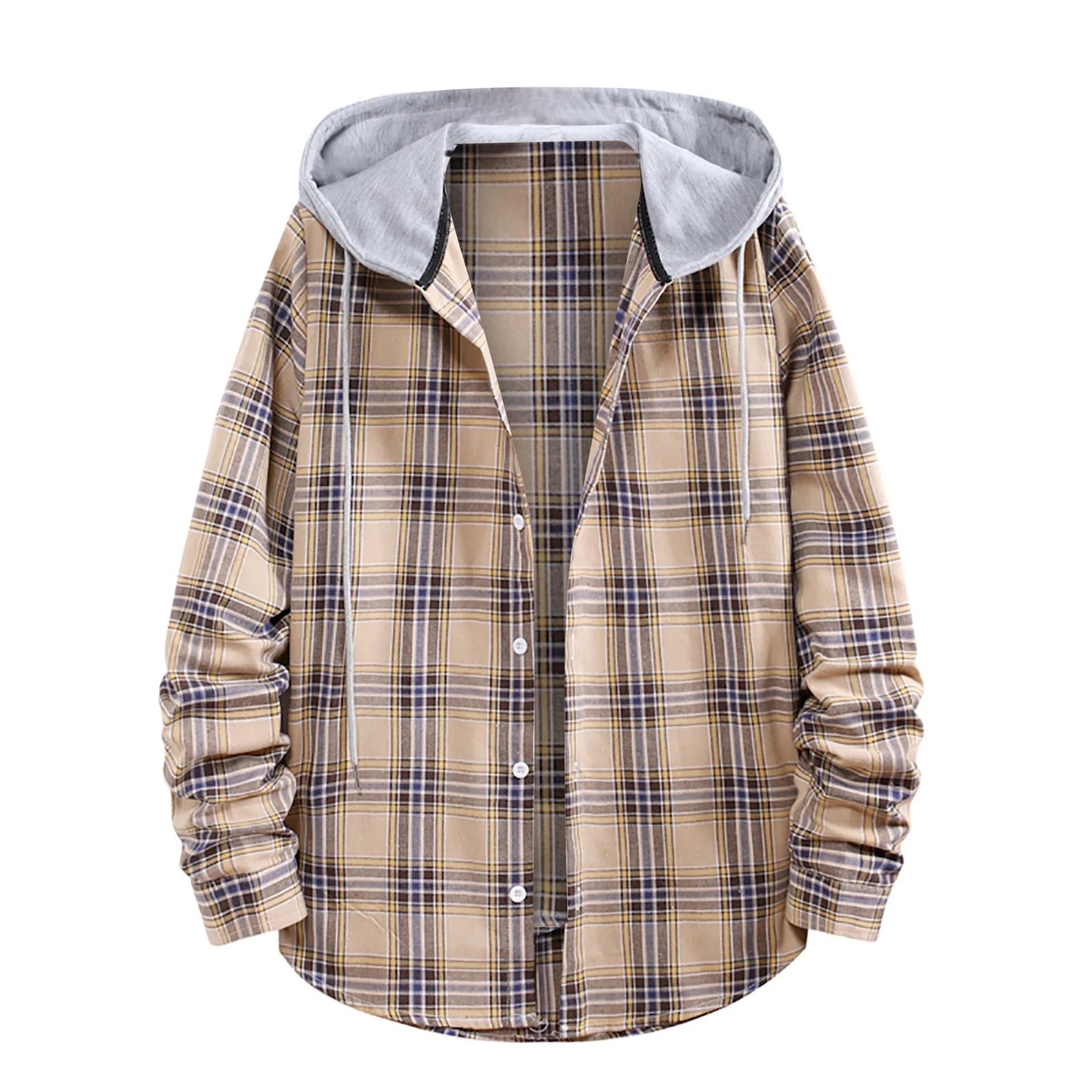 Men'S Flannel Plaid Hooded Shirts Casual Long Sleeve Button down Regular Fit Hooded Shirt Lightweight Thin Jackets Khaki#06 M