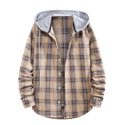 Men'S Flannel Plaid Hooded Shirts Casual Long Sleeve Button down Regular Fit Hooded Shirt Lightweight Thin Jackets Khaki#06 M
