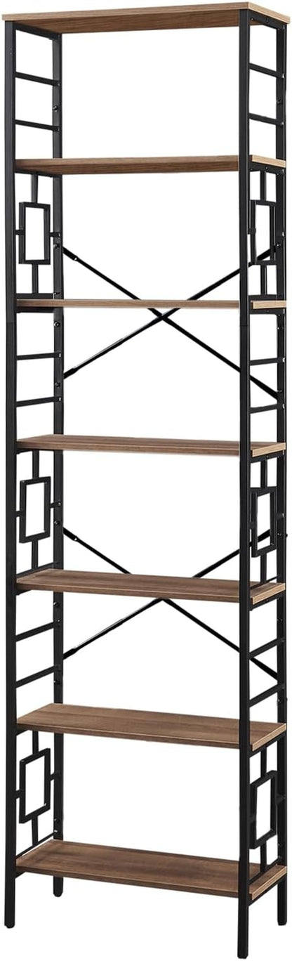 Tall Bookshelf, 84 Inch Industrial Bookshelf with Metal Frame and Open Shelves, 7 Tier Metal Bookshelves and Bookcases, Rustic Tall Book Shelf for Office, Living Room and Bedroom, Brown