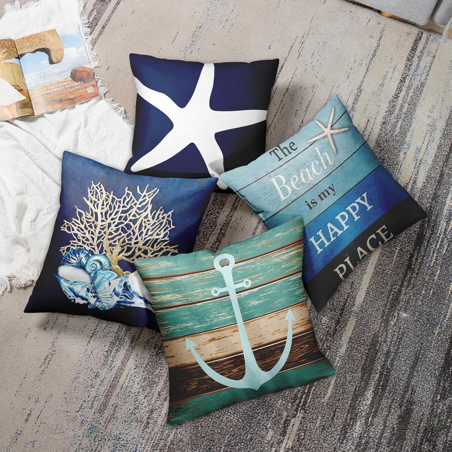 Set of 4 Throw Pillow Covers Nautical Coastal Beach and Blue Turquoise Anchor Weathered Wood Old Decorative Pillow Cases Home Decor Square 20X20 Inches Pillowcases