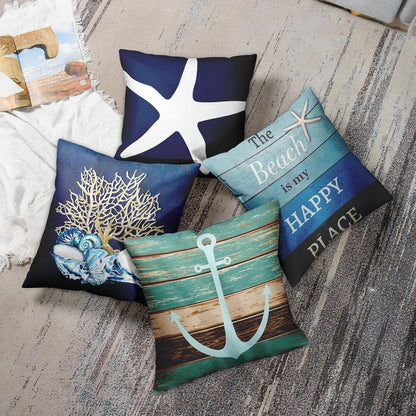Set of 4 Throw Pillow Covers Nautical Coastal Beach and Blue Turquoise Anchor Weathered Wood Old Decorative Pillow Cases Home Decor Square 20X20 Inches Pillowcases