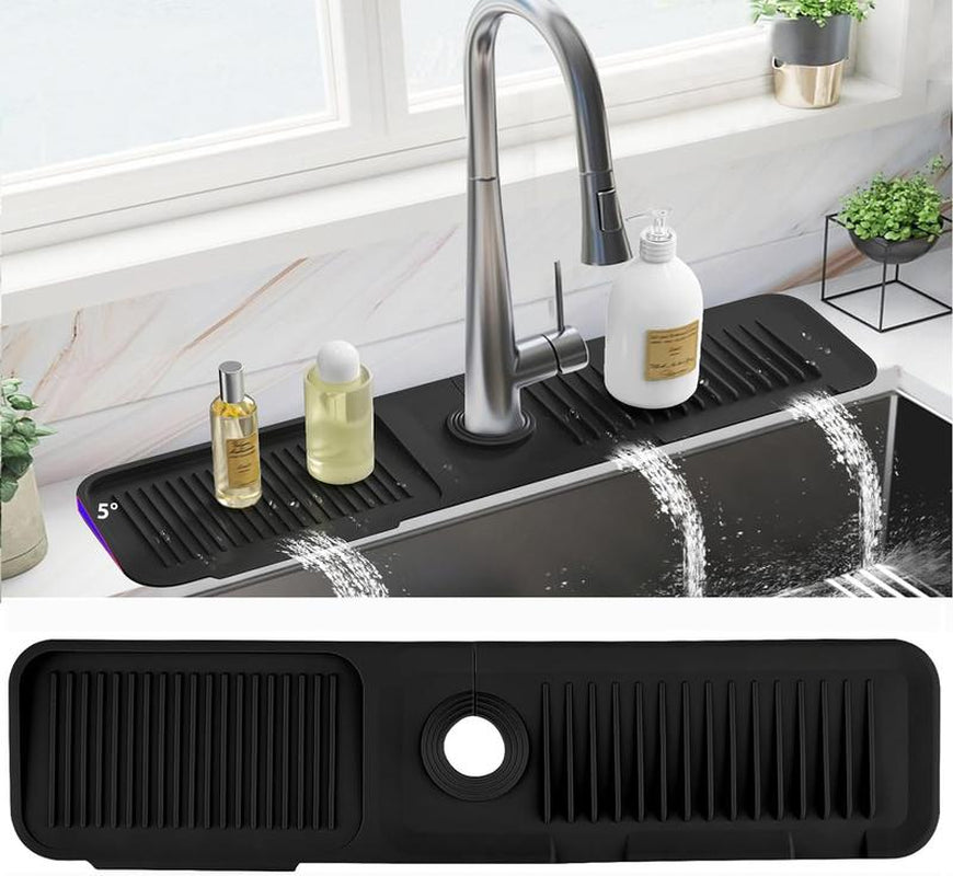 Kitchen Sink Splash Guard, 24Inche Faucet Mat Splash Catcher, Handle Drip Catcher Tray, Multipurpose for Kitchen Dish Drying Mats Sponge Holder and Bathroom Countertop Protect(Black)