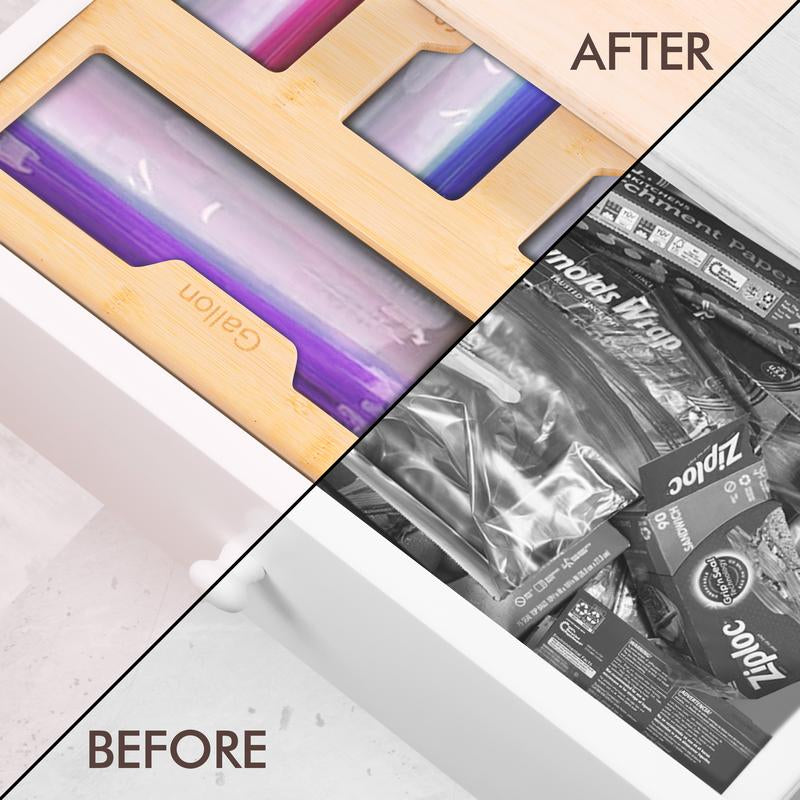 Bamboo Plastic Bag Organizer for Kitchen Drawer - Resealable Bag & Foil Wrap Holder - Pantry Storage Solution - 17” X 13” X 3.5” - Eco-Friendly Kitchen Cabinet Organizer