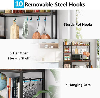 Tribesigns 63 Inch Tall Kitchen Racks, 5-Tier Bakers Rack with Storage and 10 Hooks for Kitchen Metal Organiser, Industrial Wood Shelf Room Wooden