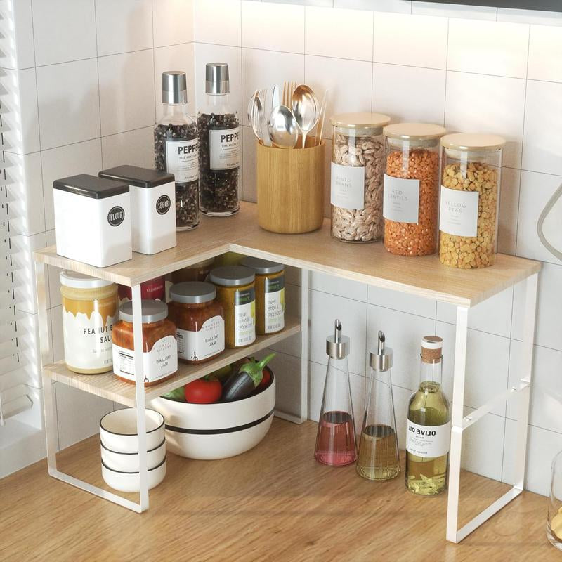 Countertop Organizer Corner Shelf, 2 Tier Adjustable Stackable Corner Shelves for Kitchen, Bathroom, Spice Rack, Coffee Bar, over Sink, Dresser Table, Corner Counter Shelf Stand, Natural Beige
