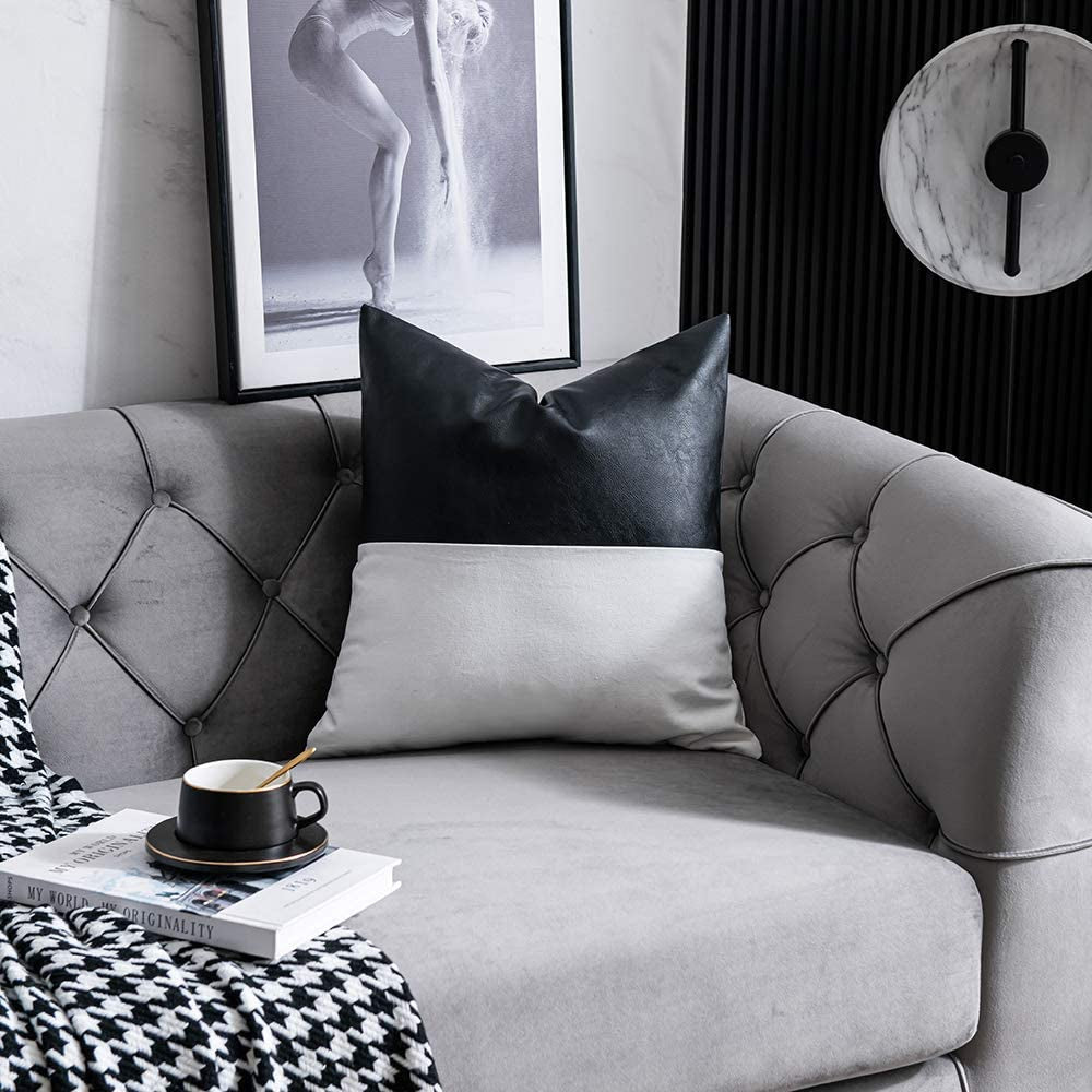 Faux Leather with 100% Cotton Decorative Throw Pillow Covers for Couch Bed Sofa, Set of 2 18 X 18 Inch Modern Home Decor Accent Square Bedroom Living Room Cushion Cases Cognac, Black and White