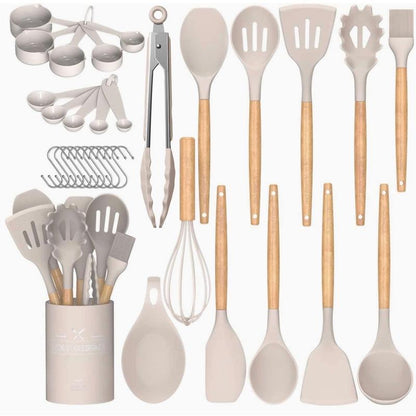 Kitchen Cooking Utensils Set, 33 Pcs Non-Stick Silicone Cooking Kitchen Utensils Spatula Set with Holder, Wooden Handle Silicone Kitchen Gadgets Utensil Set
