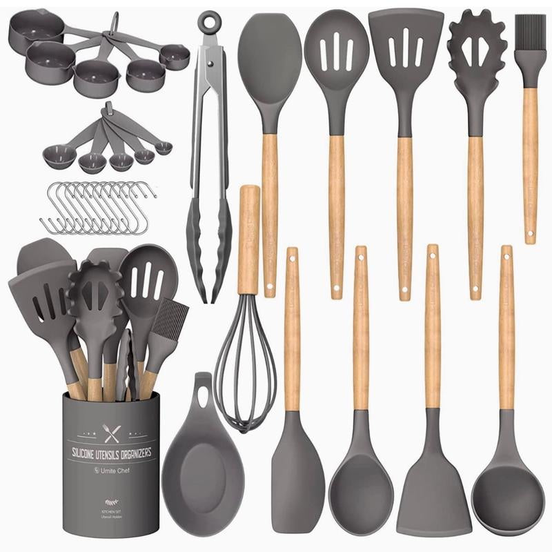 Kitchen Cooking Utensils Set, 33 Pcs Non-Stick Silicone Cooking Kitchen Utensils Spatula Set with Holder, Wooden Handle Silicone Kitchen Gadgets Utensil Set