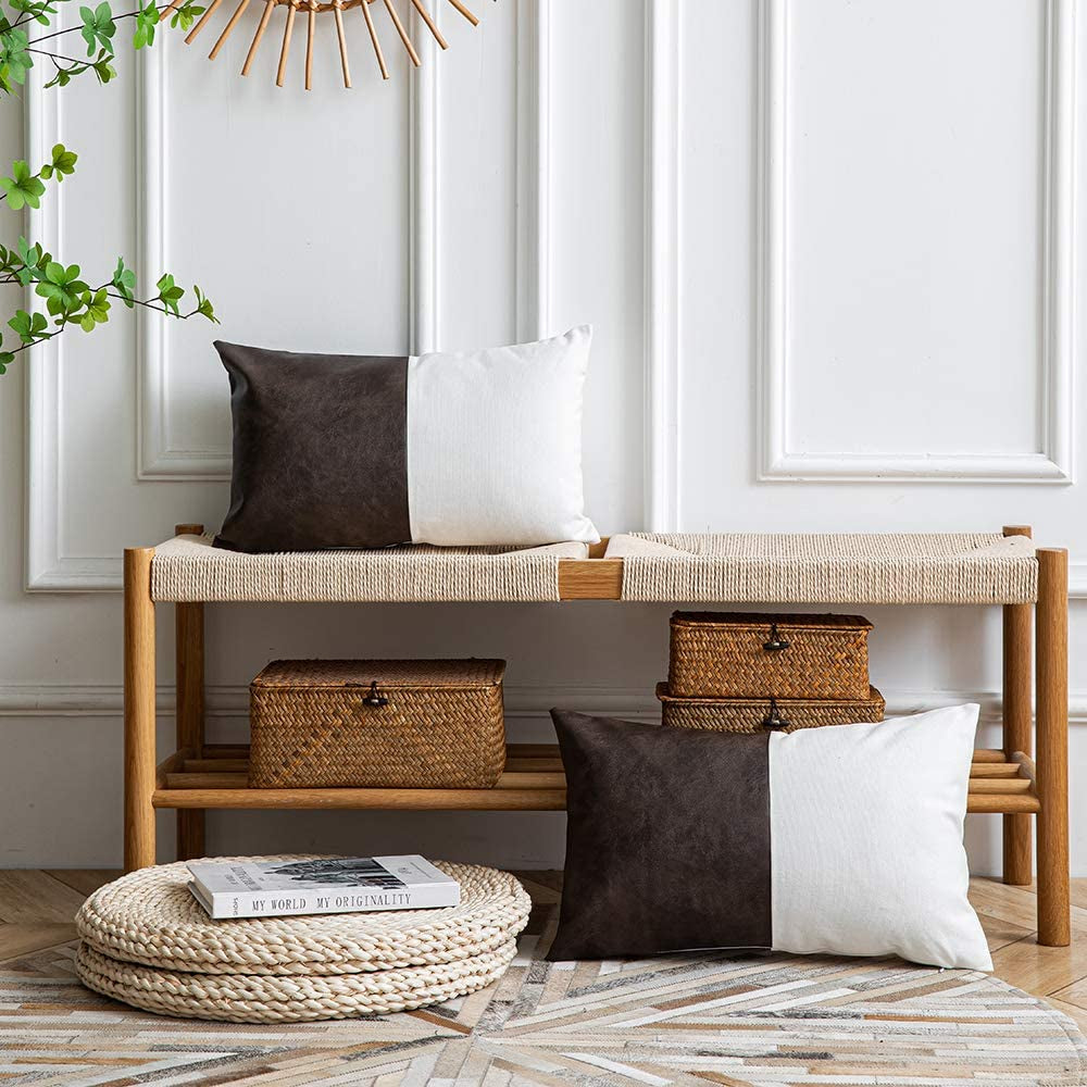 Leather Throw Pillow Covers, Set of 2 Modern Leather/Cotton Decorative Pillowcases for Home Decor Bedroom Living Room Couch Bed Sofa, 12X20 Inch, Dark-Brown and White