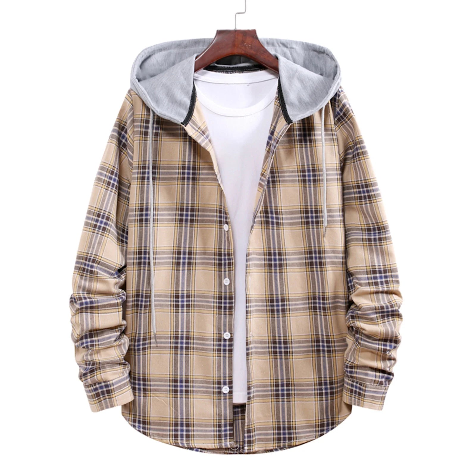 Men'S Flannel Plaid Hooded Shirts Casual Long Sleeve Button down Regular Fit Hooded Shirt Lightweight Thin Jackets Khaki#06 M