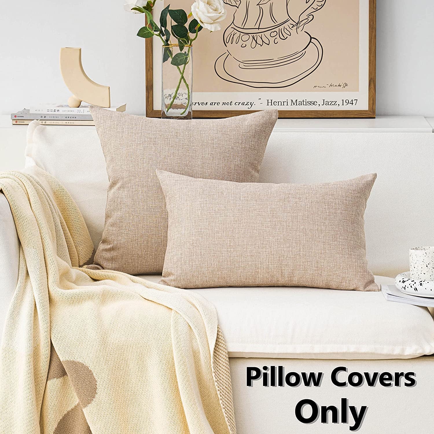 Linen Throw Pillow Cover Burlap Square Cushion Cover Pillow Sham for Couch Living Room Holiday Decor, Light Linen, 18X18 Inches(45Cm)