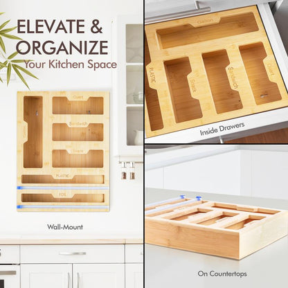 Bamboo Plastic Bag Organizer for Kitchen Drawer - Resealable Bag & Foil Wrap Holder - Pantry Storage Solution - 17” X 13” X 3.5” - Eco-Friendly Kitchen Cabinet Organizer