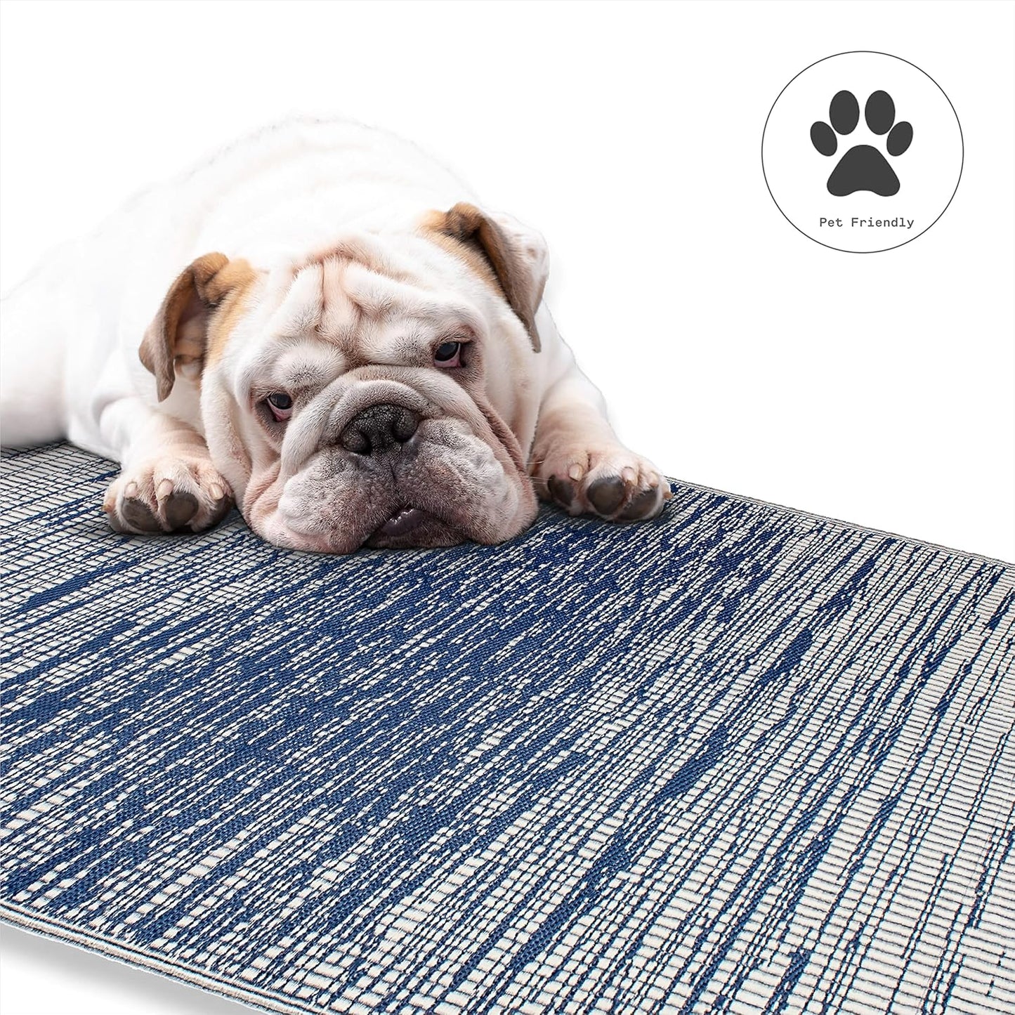Abstract Distressed Stripes Outdoor Rug - Waterproof, Fade Resistant, Crease-Free, Reversible - Premium Recycled Plastic - Patio Porch Balcony Deck - Brooklyn Blue - 8X10 Ft
