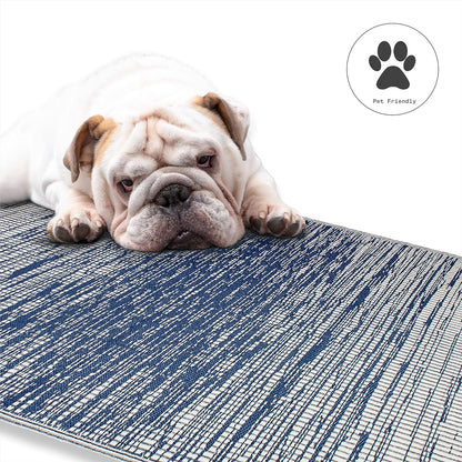 Abstract Distressed Stripes Outdoor Rug - Waterproof, Fade Resistant, Crease-Free, Reversible - Premium Recycled Plastic - Patio Porch Balcony Deck - Brooklyn Blue - 8X10 Ft