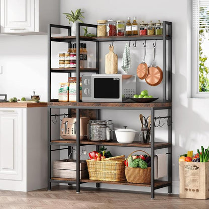 Tribesigns 63 Inch Tall Kitchen Racks, 5-Tier Bakers Rack with Storage and 10 Hooks for Kitchen Metal Organiser, Industrial Wood Shelf Room Wooden