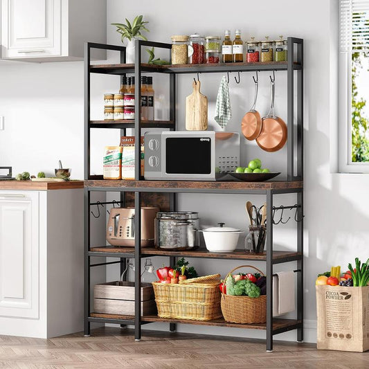 Tribesigns 63 Inch Tall Kitchen Racks, 5-Tier Bakers Rack with Storage and 10 Hooks for Kitchen Metal Organiser, Industrial Wood Shelf Room Wooden
