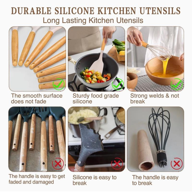 Kitchen Cooking Utensils Set, 33 Pcs Non-Stick Silicone Cooking Kitchen Utensils Spatula Set with Holder, Wooden Handle Silicone Kitchen Gadgets Utensil Set