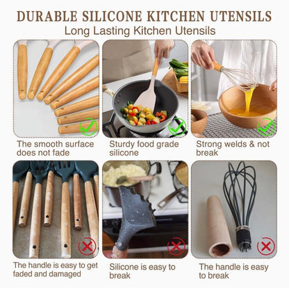Kitchen Cooking Utensils Set, 33 Pcs Non-Stick Silicone Cooking Kitchen Utensils Spatula Set with Holder, Wooden Handle Silicone Kitchen Gadgets Utensil Set