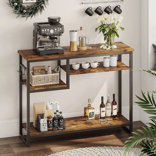 Narrow Console Table with 4 Storage Shelves & 2 Hooks, Buffet Sideboard Side Desk Entryway Table, Rustic