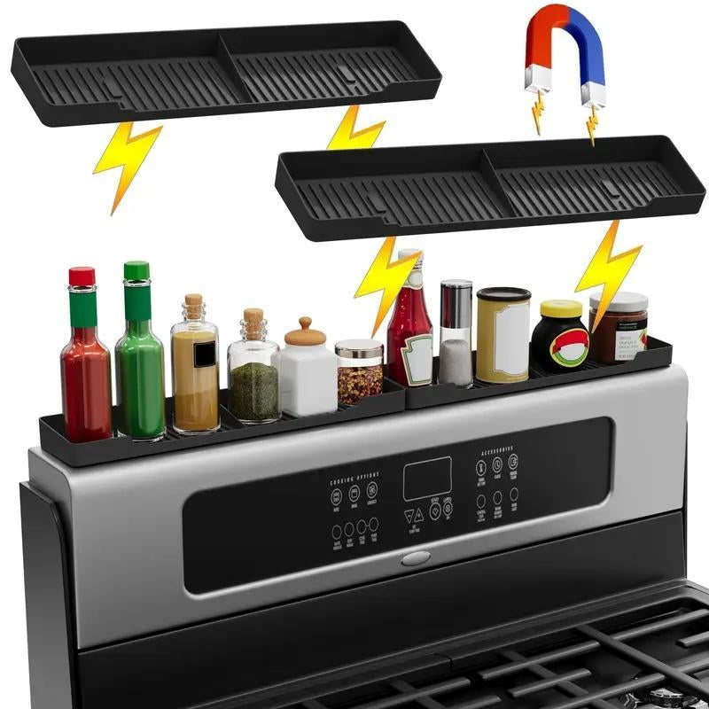 Kitchen Stove Magnetic Shelf, 1 Count Black Magnetic Stove Top Spice Rack, Stove Top Storage Rack, Kitchen Storage Organizer Tools, Kitchen Cooking Accessories, Home Essentials, Kitchen Utensils Organizer, Kitchen Utensils Holder, Kitchen Organizers