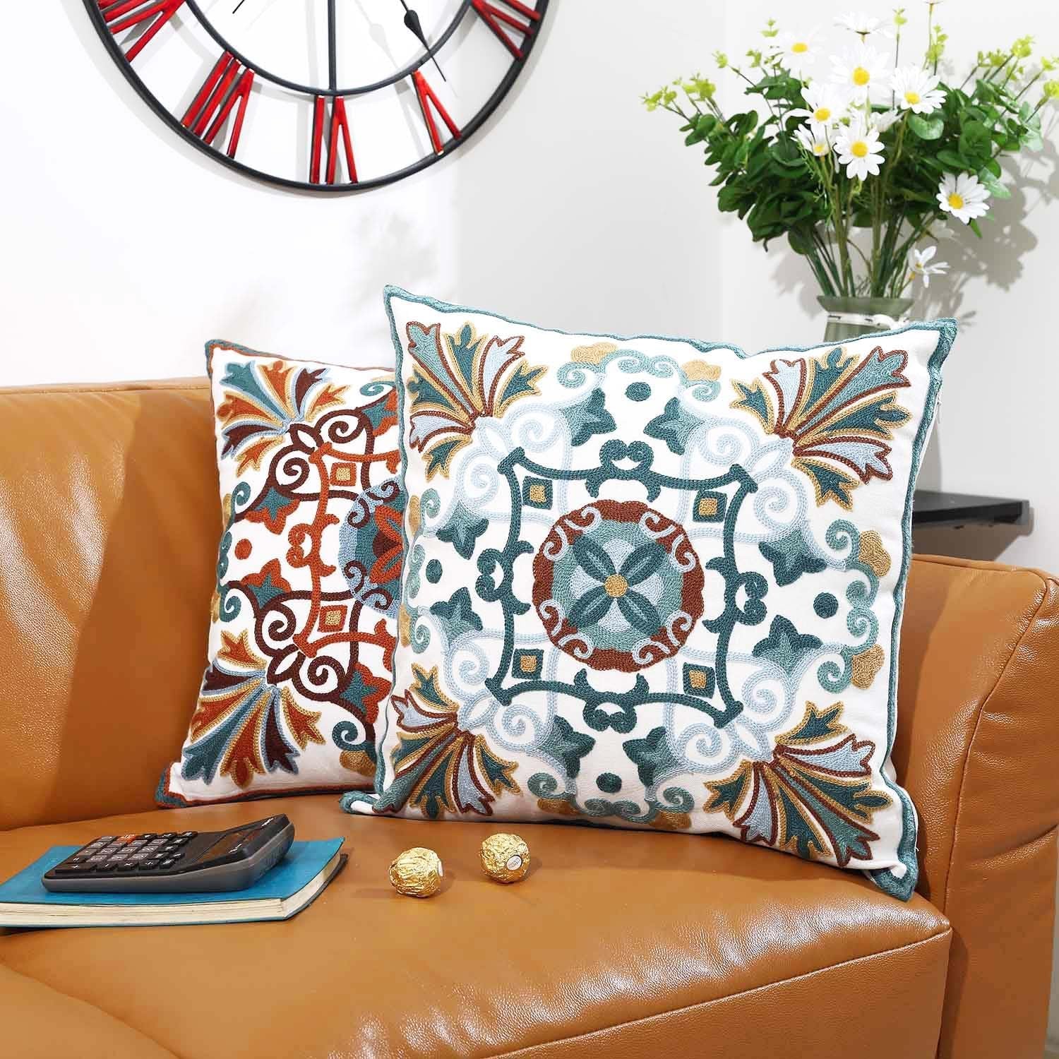 Onelsong Decorative Pillow Covers for Couch Living Room 18X18 Inches Set of 2 Embroidery Square Boho Throw Pillows Cover for Sofa Chair Bed