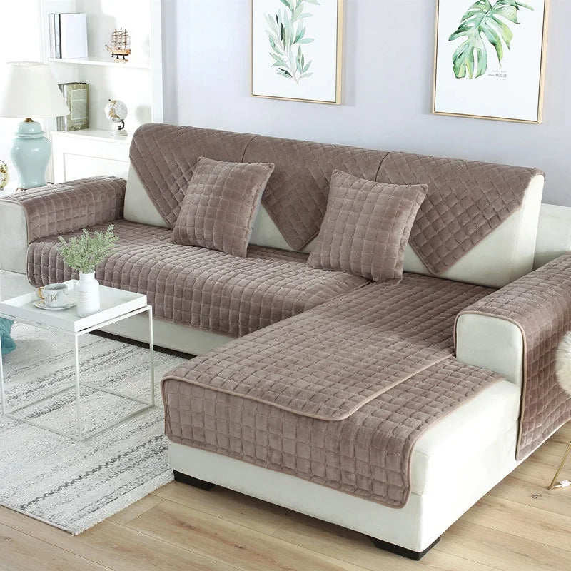 Sofa Cushion Plush Non-Slip Thickened Sofa Cover Cushion Flannel Sofa Cover Universal Solid Color Dust-Proof Sofa Seat Cover