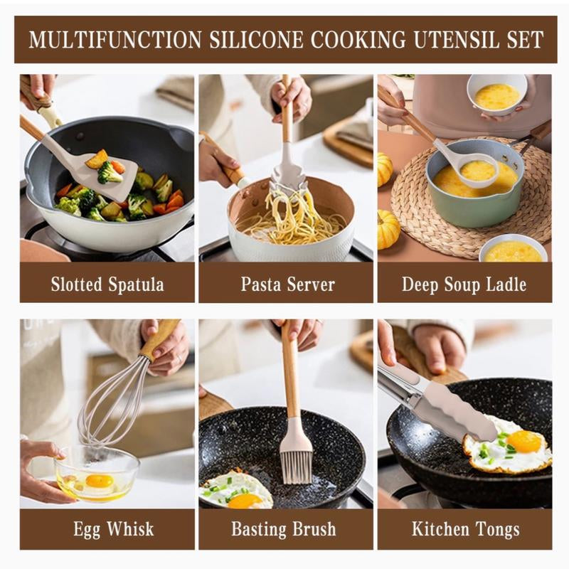Kitchen Cooking Utensils Set, 33 Pcs Non-Stick Silicone Cooking Kitchen Utensils Spatula Set with Holder, Wooden Handle Silicone Kitchen Gadgets Utensil Set