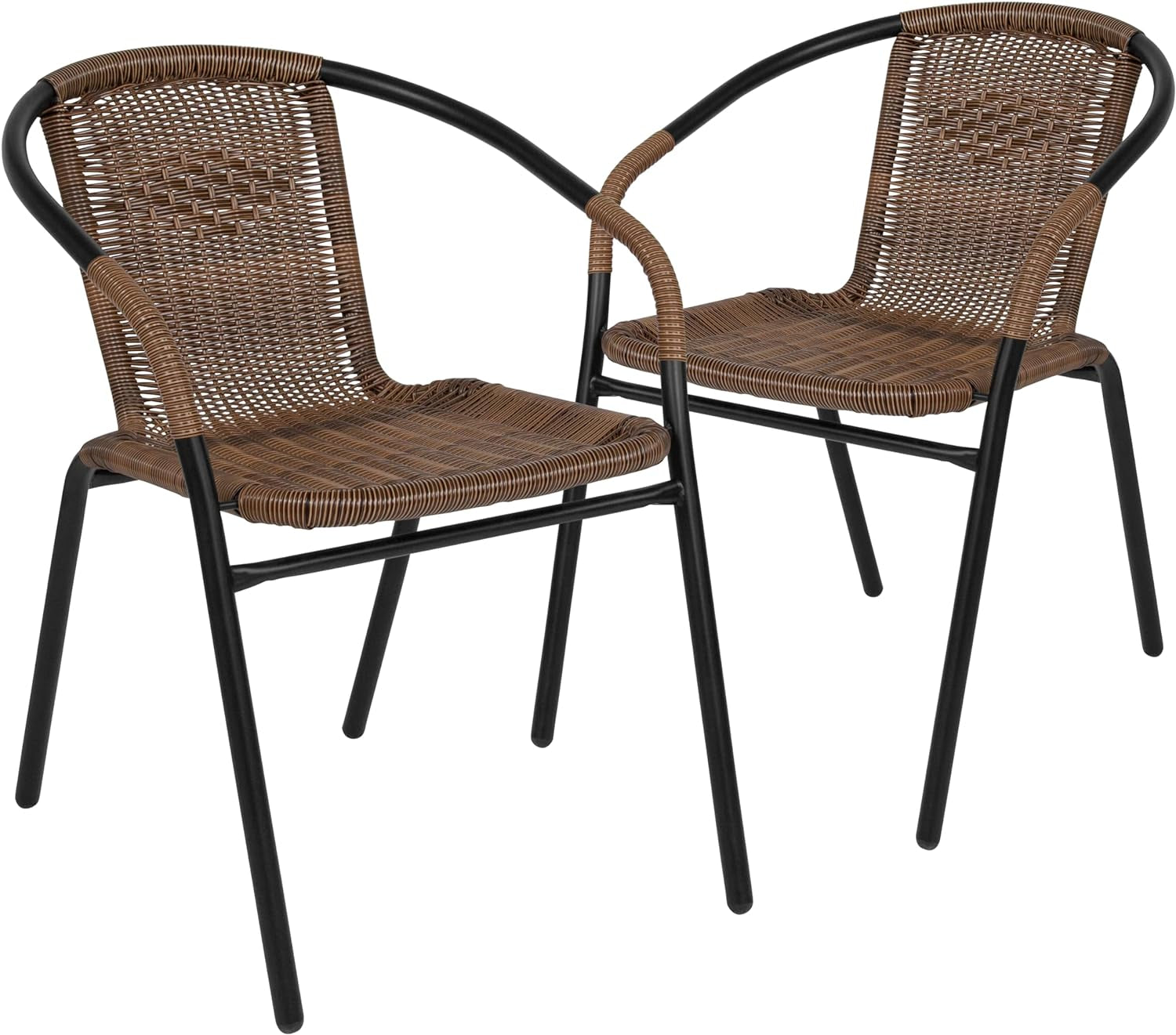 Set of 2 Modern Rattan Indoor/Outdoor Stack Chairs, Stacking Rattan Patio Chairs with Curved Back and Cross Bracing, Brown