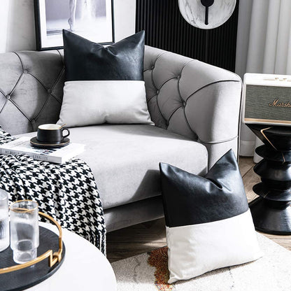 Faux Leather with 100% Cotton Decorative Throw Pillow Covers for Couch Bed Sofa, Set of 2 18 X 18 Inch Modern Home Decor Accent Square Bedroom Living Room Cushion Cases Cognac, Black and White