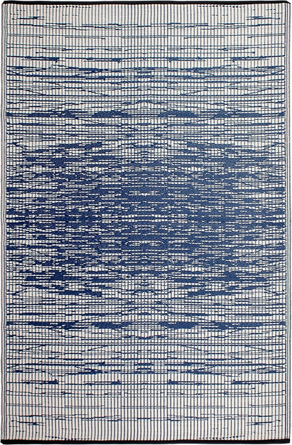 Abstract Distressed Stripes Outdoor Rug - Waterproof, Fade Resistant, Crease-Free, Reversible - Premium Recycled Plastic - Patio Porch Balcony Deck - Brooklyn Blue - 8X10 Ft