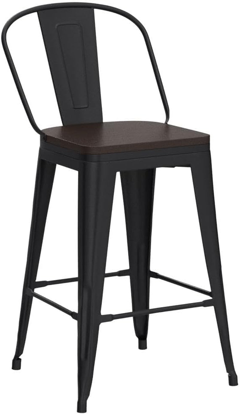 Metal Bar Stools Set of 4,24 Inch Barstools Counter Height Bar Stools with Backs Farmhouse Bar Stools with Larger Seat High Back Kitchen Dining Chairs Modern Bar Chairs Matte Black Stool