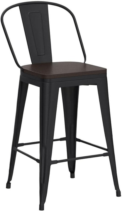 Metal Bar Stools Set of 4,24 Inch Barstools Counter Height Bar Stools with Backs Farmhouse Bar Stools with Larger Seat High Back Kitchen Dining Chairs Modern Bar Chairs Matte Black Stool