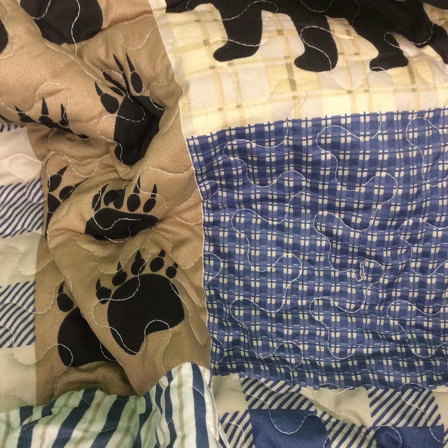 3 Piece King Lodge Quilt Bedding Set - Black Bear Plaid - Rustic Cabin Country Reversible Camping Comforter Set with Decorative Pillow Shams, Blue/Black