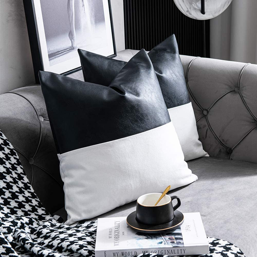 Faux Leather with 100% Cotton Decorative Throw Pillow Covers for Couch Bed Sofa, Set of 2 18 X 18 Inch Modern Home Decor Accent Square Bedroom Living Room Cushion Cases Cognac, Black and White