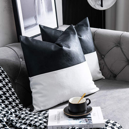Faux Leather with 100% Cotton Decorative Throw Pillow Covers for Couch Bed Sofa, Set of 2 18 X 18 Inch Modern Home Decor Accent Square Bedroom Living Room Cushion Cases Cognac, Black and White