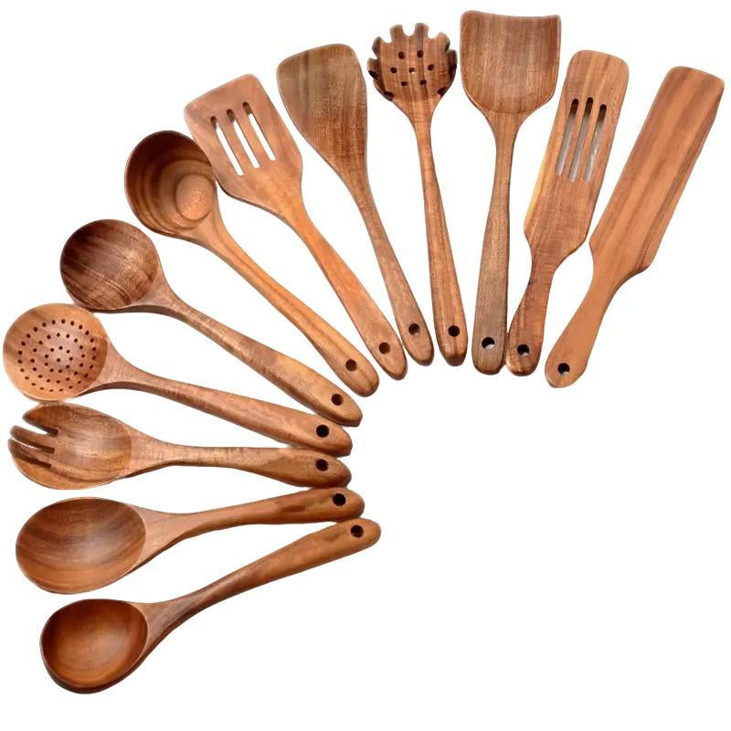 Wooden Cooking Utensils Set, 12Pcs/Set Wooden Kitchen Utensil Set, Natural Teak Wood Cooking Spoons Utensils, Kitchen Gadgets, Kitchen Supplies Set, Housewarming Gift Ideas, Kitchen Accessories, Kitchen Tool