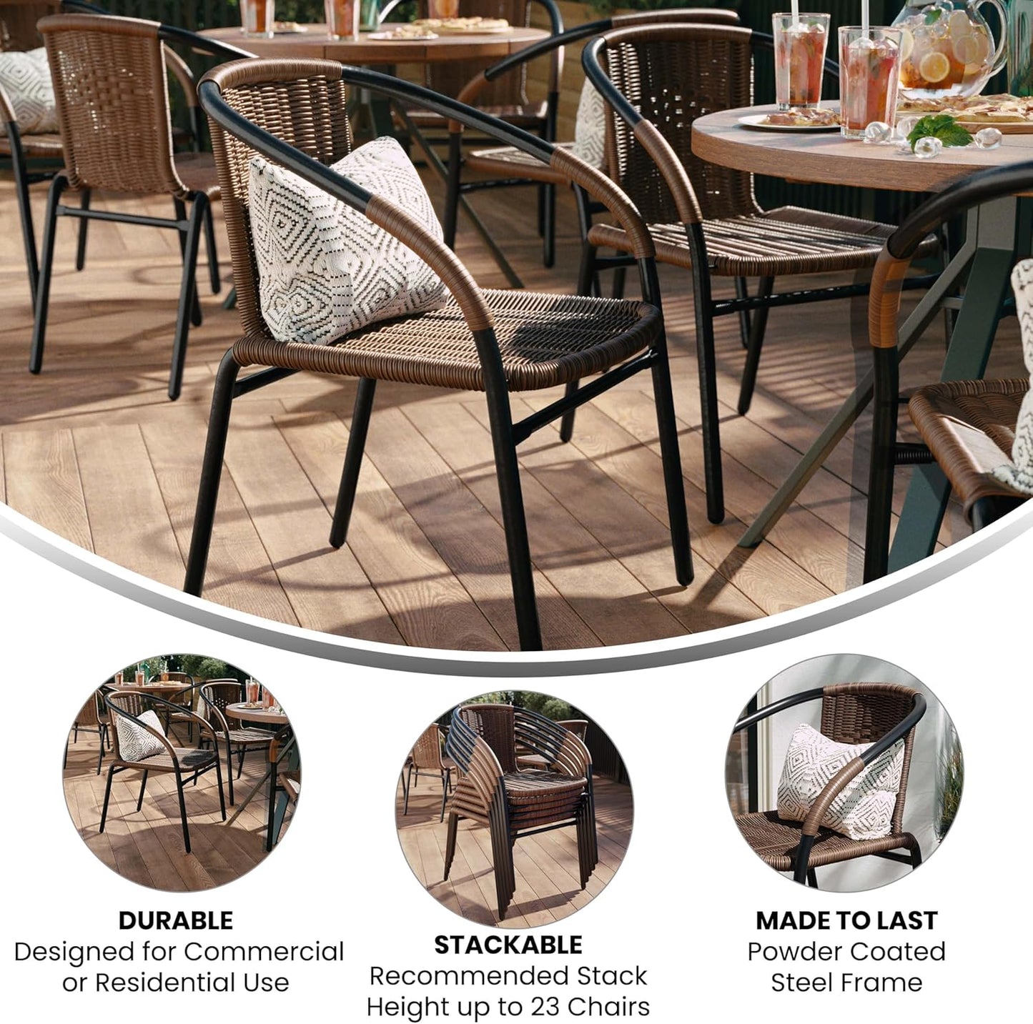 Set of 2 Modern Rattan Indoor/Outdoor Stack Chairs, Stacking Rattan Patio Chairs with Curved Back and Cross Bracing, Brown