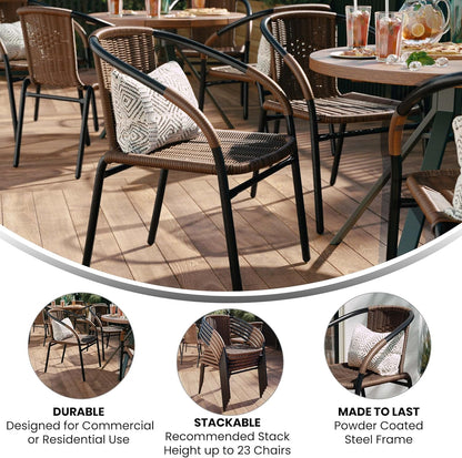 Set of 2 Modern Rattan Indoor/Outdoor Stack Chairs, Stacking Rattan Patio Chairs with Curved Back and Cross Bracing, Brown