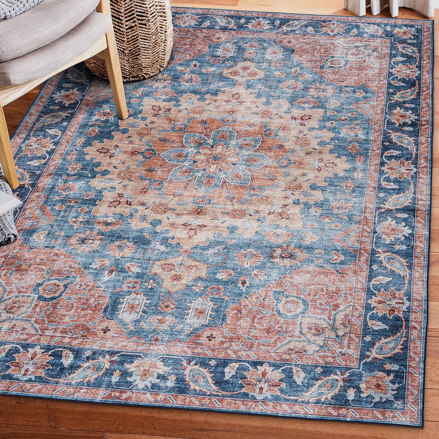 Realife Machine Washable Rug - Stain Resistant, Non-Shed - Eco-Friendly, Non-Slip, Family & Pet Friendly - Made from Premium Recycled Fibers - Distressed Vintage Medallion - Light Blue - 2'6" X 8'